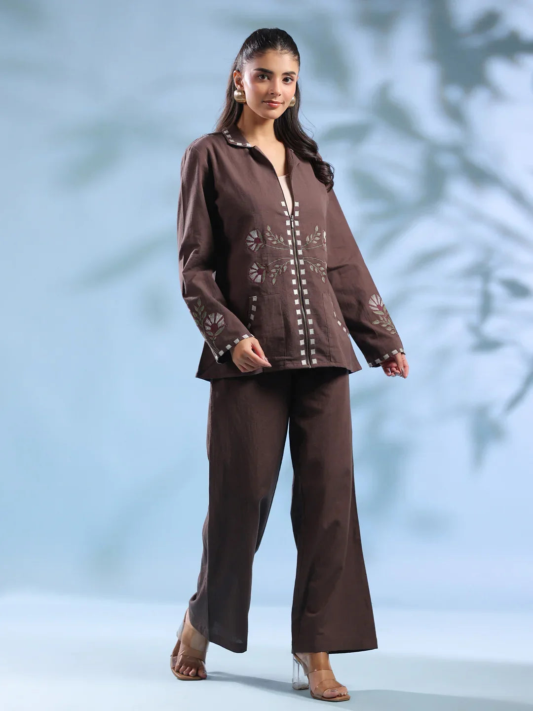 Coffee Brown Dyed Shirt Collar Pure Cotton Co-Ord Set For Women