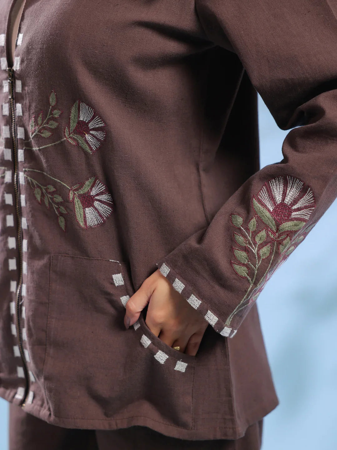 Coffee Brown Dyed Shirt Collar Pure Cotton Co-Ord Set For Women