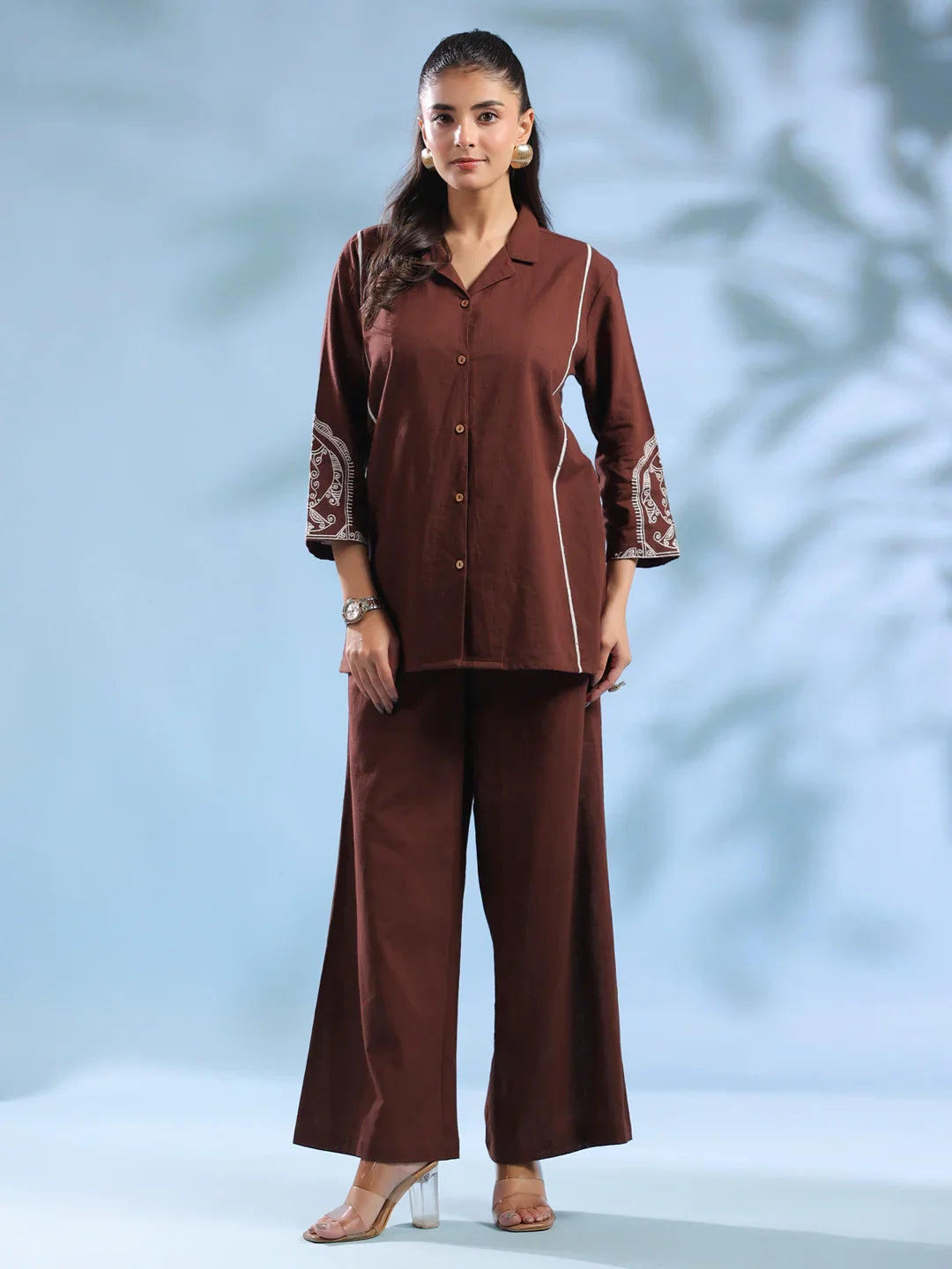 Brown Dyed Shirt Collar Pure Cotton Co-Ord Set For Women