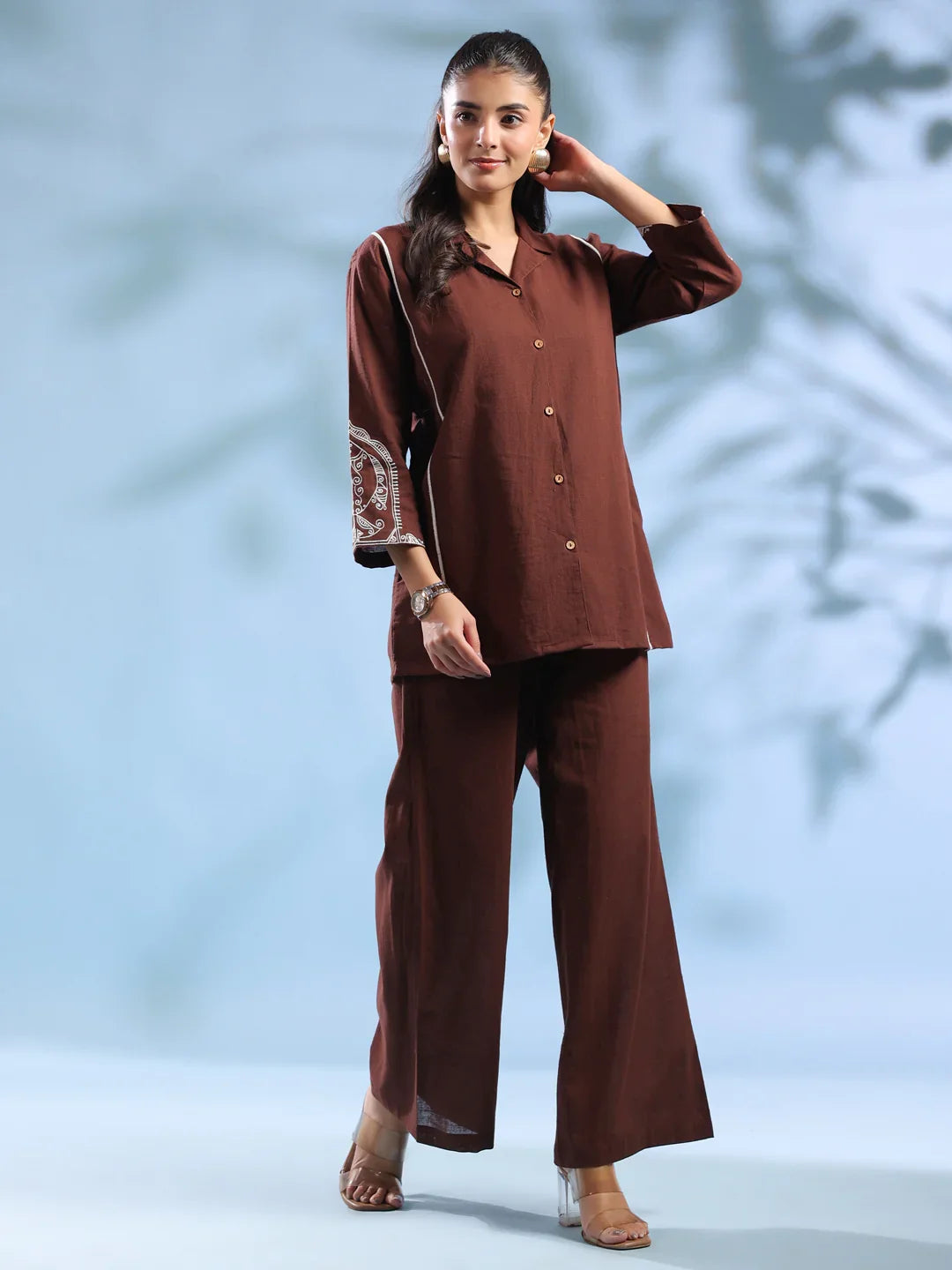 Brown Dyed Shirt Collar Pure Cotton Co-Ord Set For Women