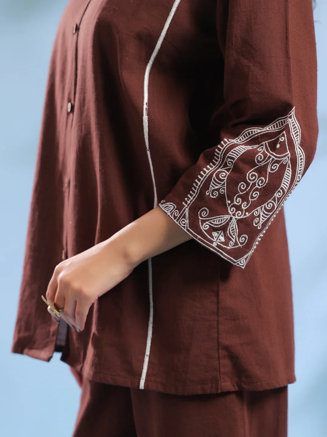 Brown Dyed Shirt Collar Pure Cotton Co-Ord Set For Women