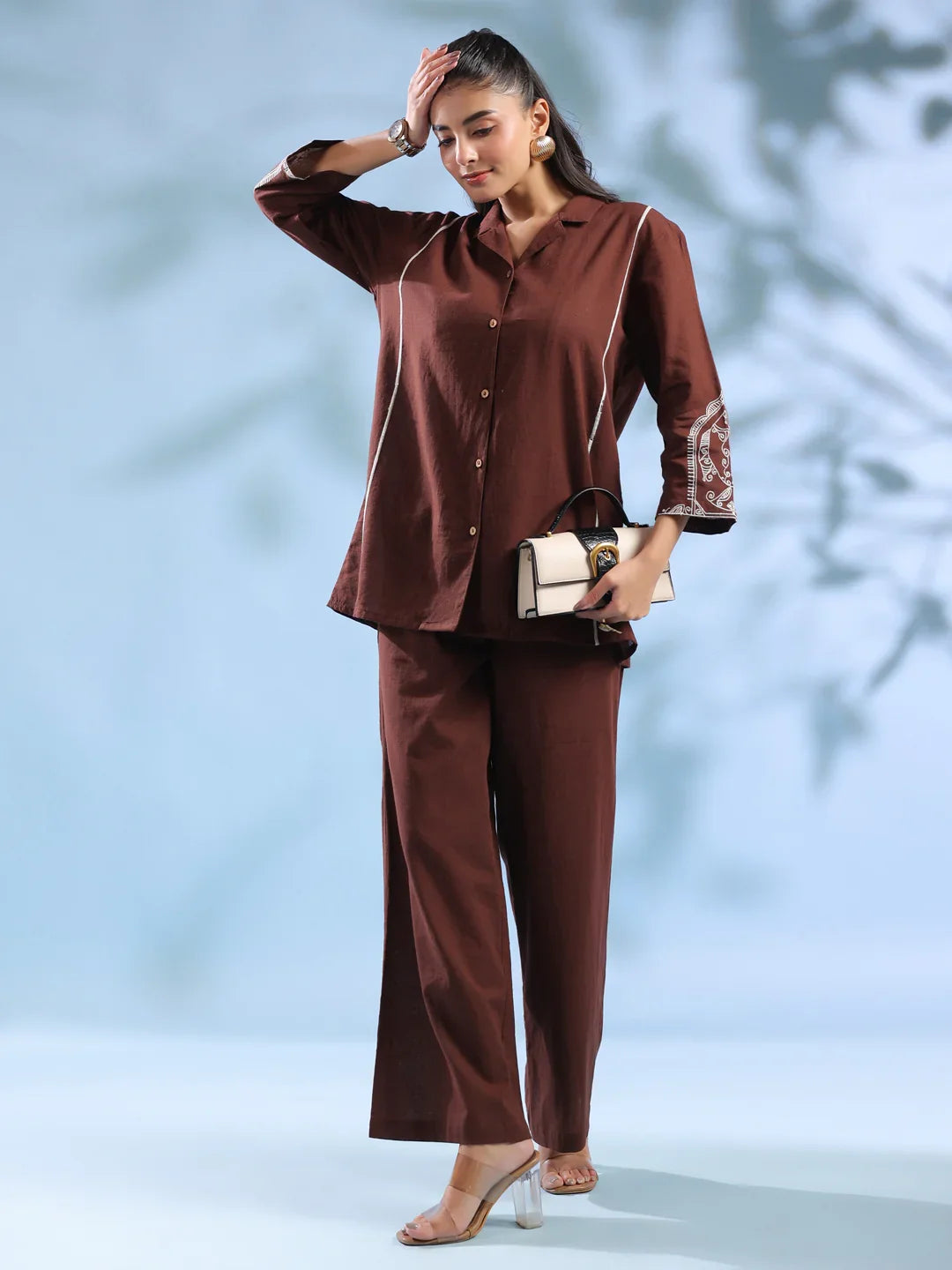 Brown Dyed Shirt Collar Pure Cotton Co-Ord Set For Women