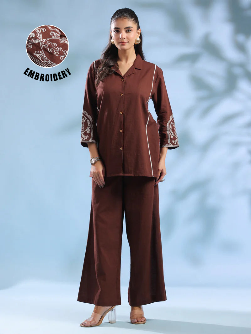 Brown Dyed Shirt Collar Pure Cotton Co-Ord Set For Women