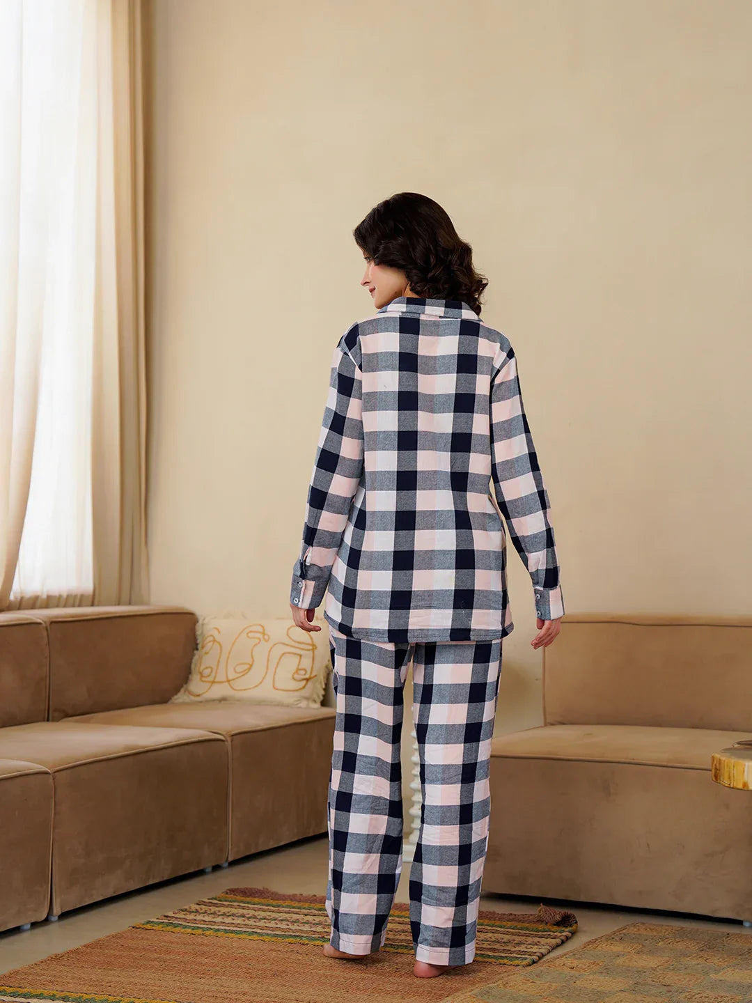 Pink Cotton Blend Checked Shirt Collar Winter Co-ords Set for Women - SanskrutiHomes 