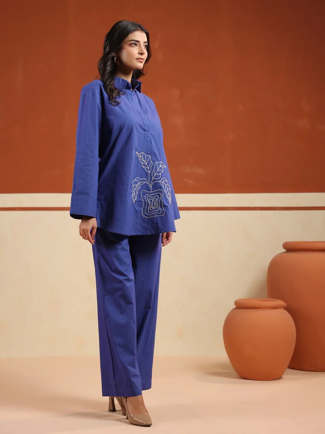 Blue Solid Pure Cotton Shirt Collar Co-Ord Set For Women