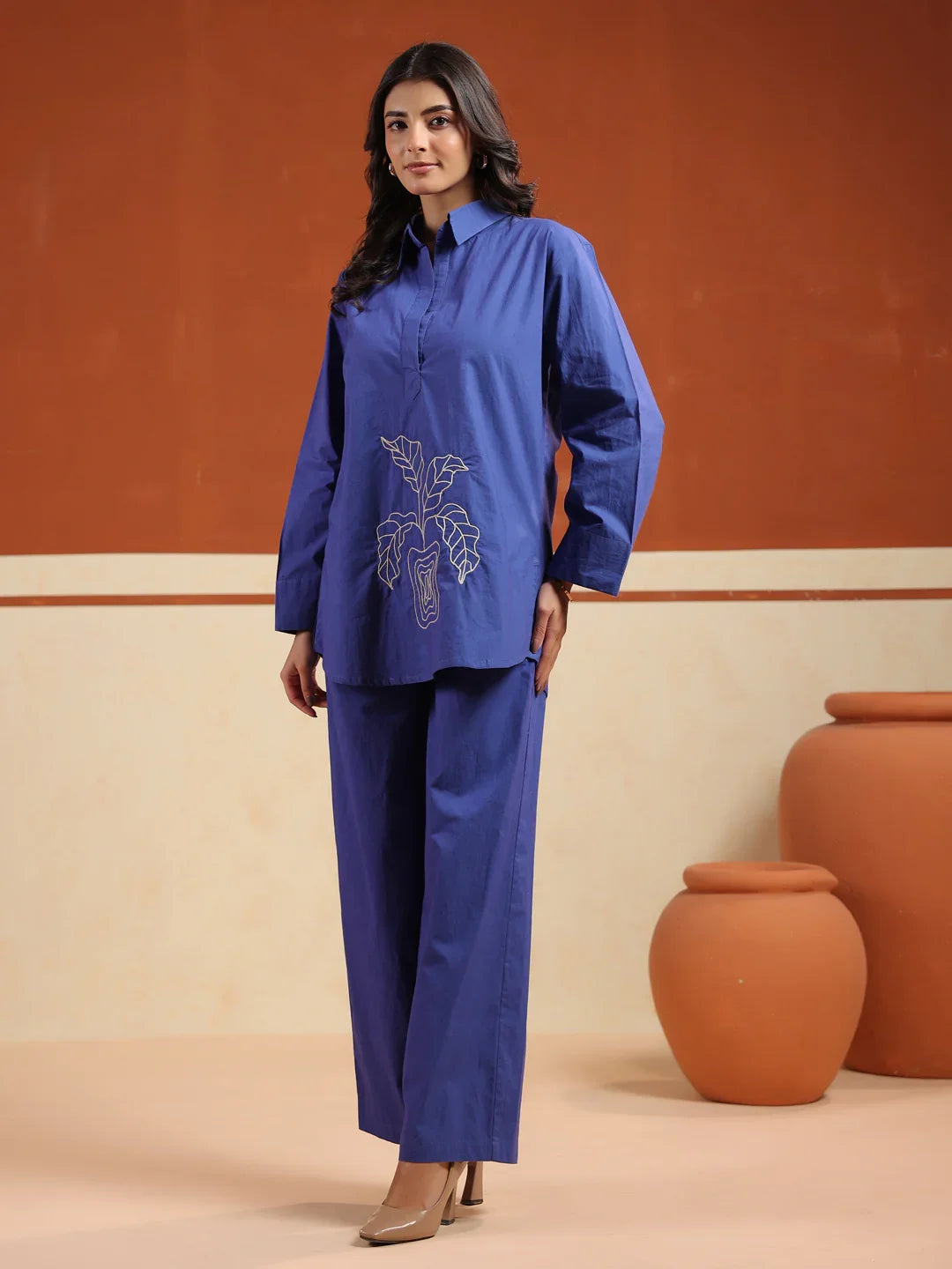 Blue Solid Pure Cotton Shirt Collar Co-Ord Set For Women