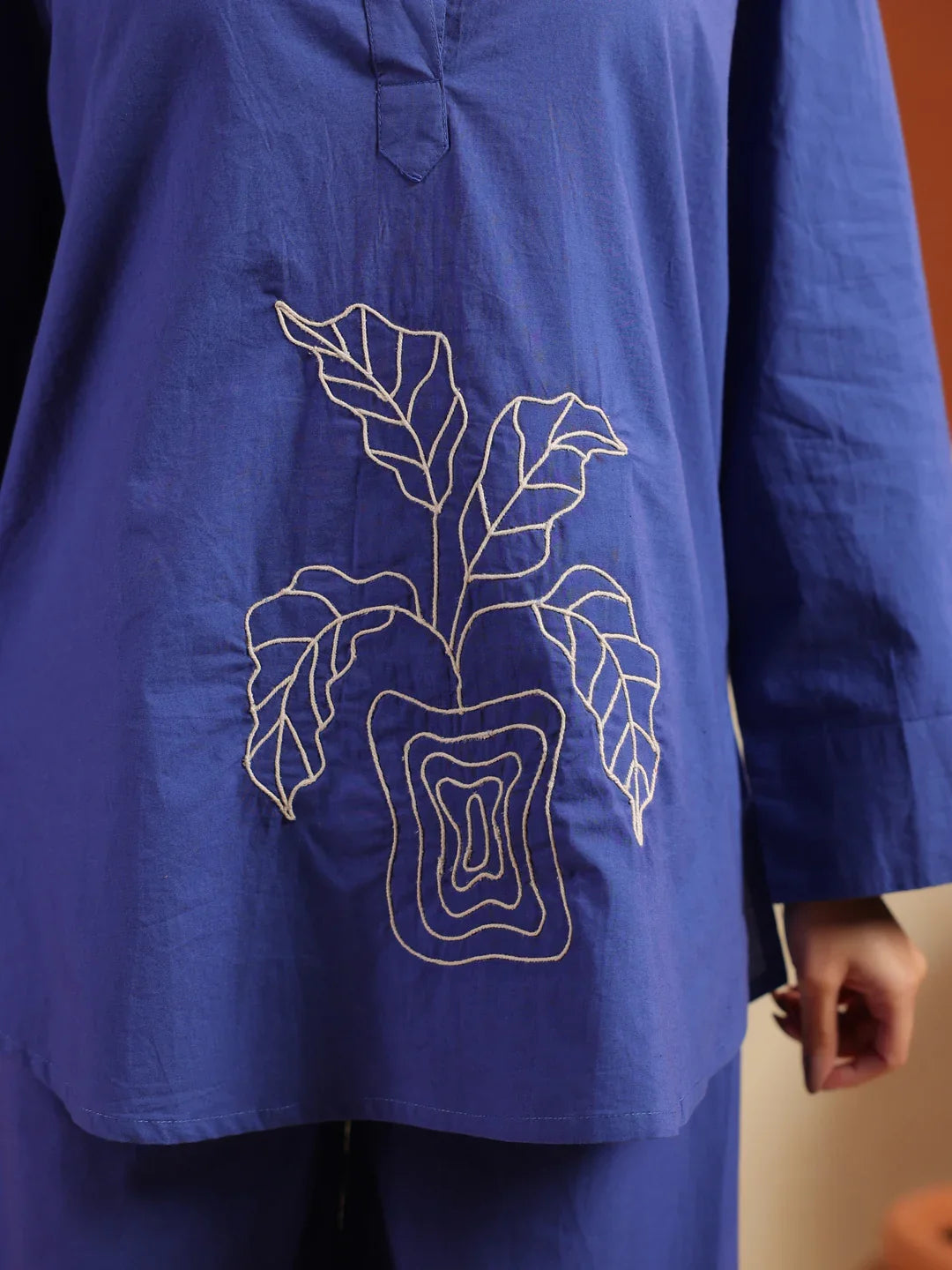 Blue Solid Pure Cotton Shirt Collar Co-Ord Set For Women