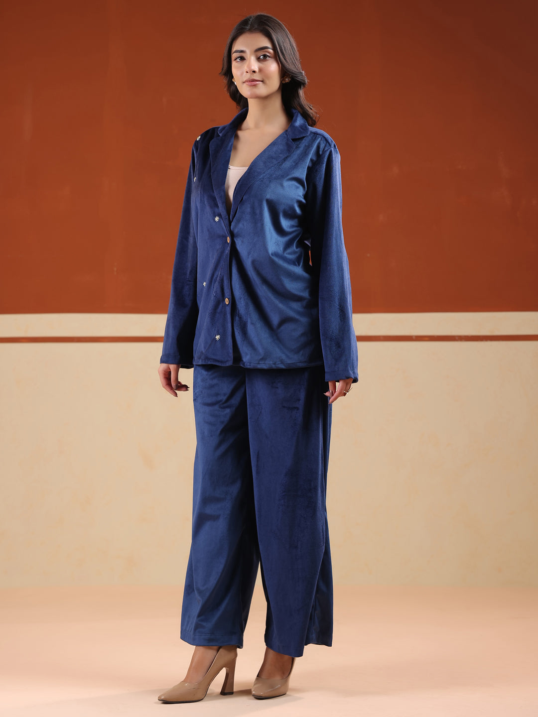 Blue Solid Velvet Shirt Collar Co-ord Set for Women