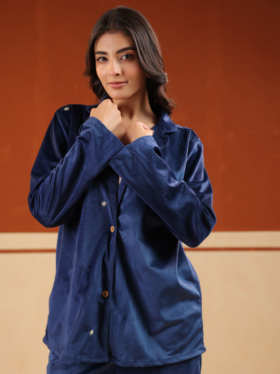 Blue Solid Velvet Shirt Collar Co-ord Set for Women