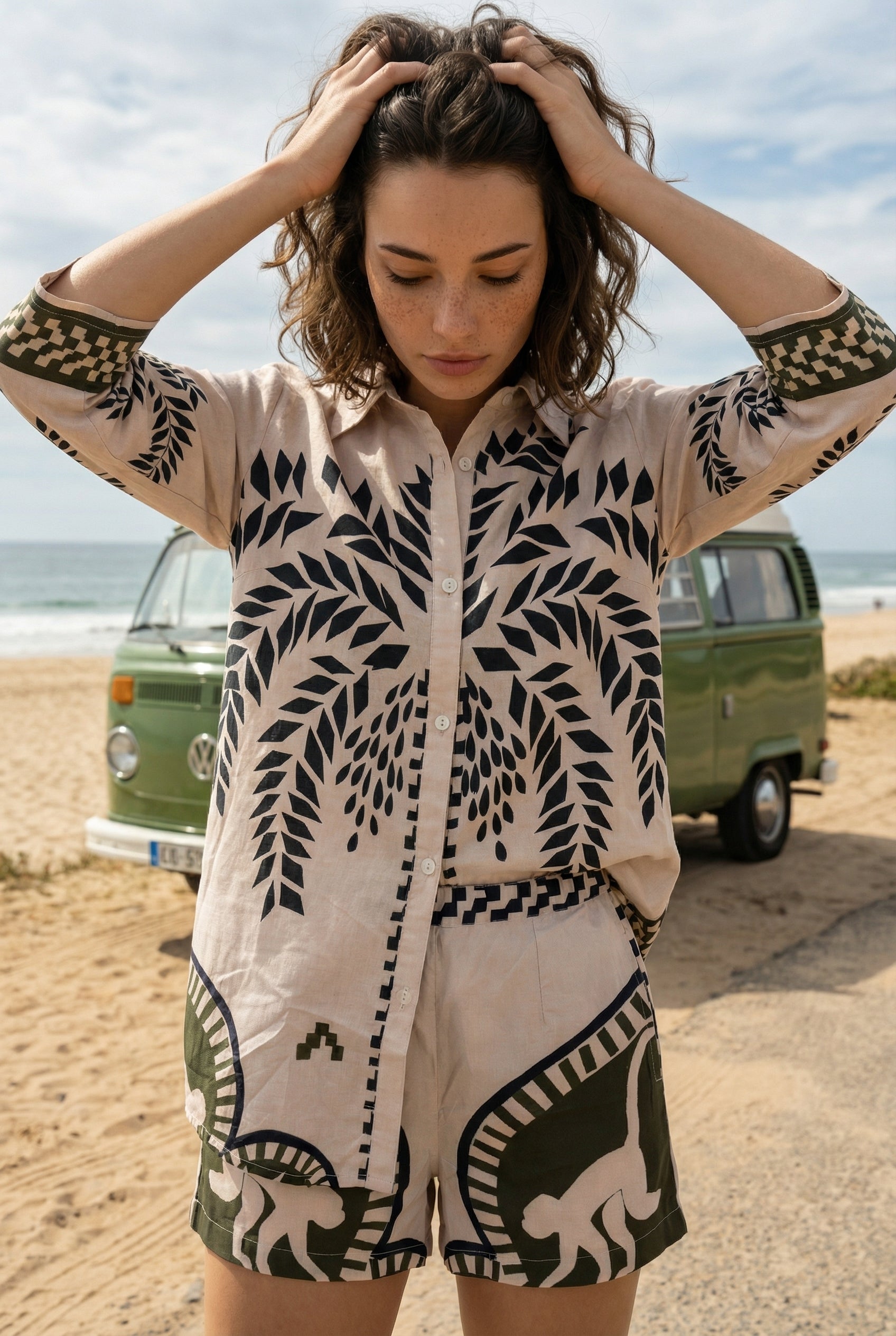 Beige Printed Shirt Collar Co-Ord Set For Women