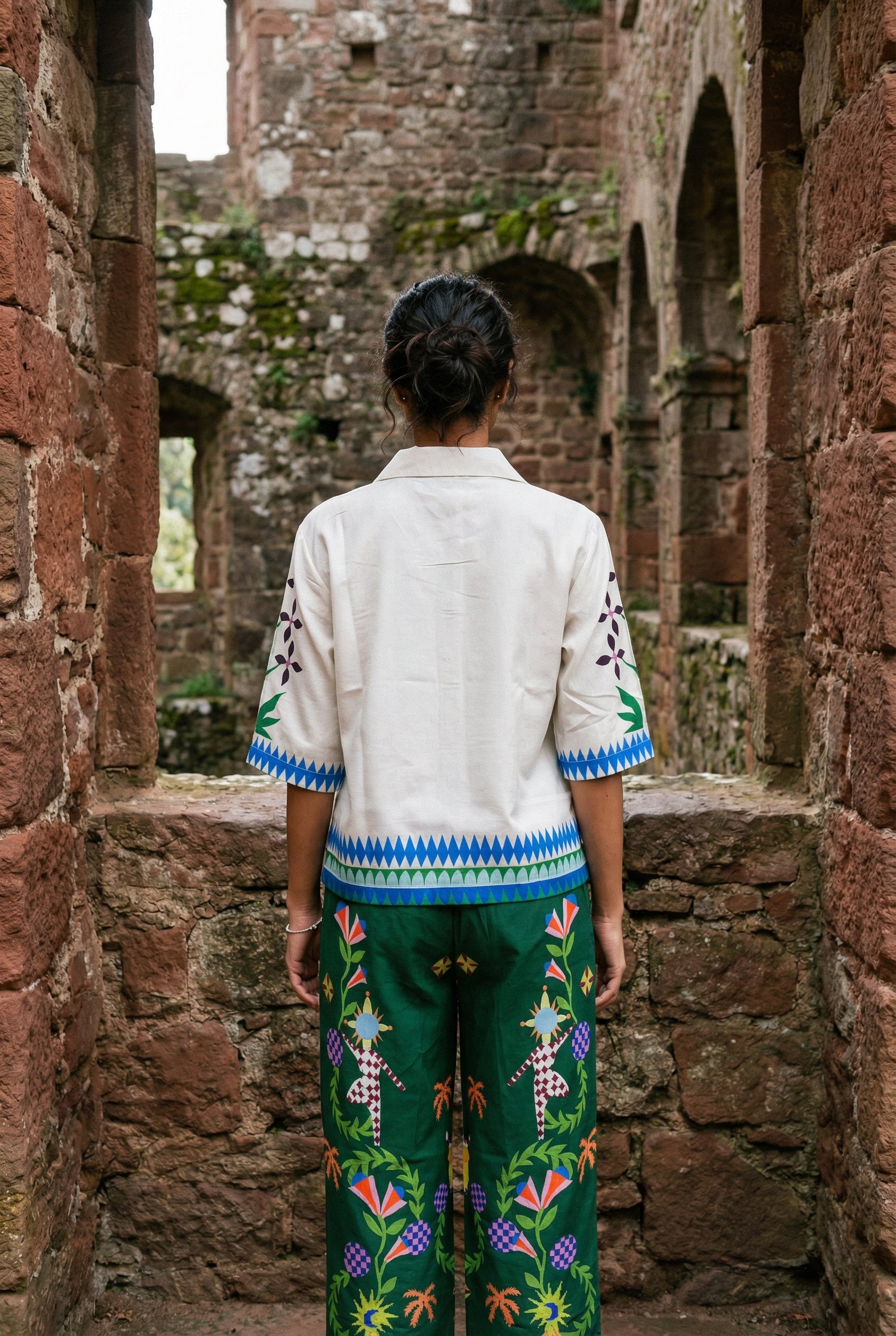 White Printed Shirt Collar Co-Ord Set For Women