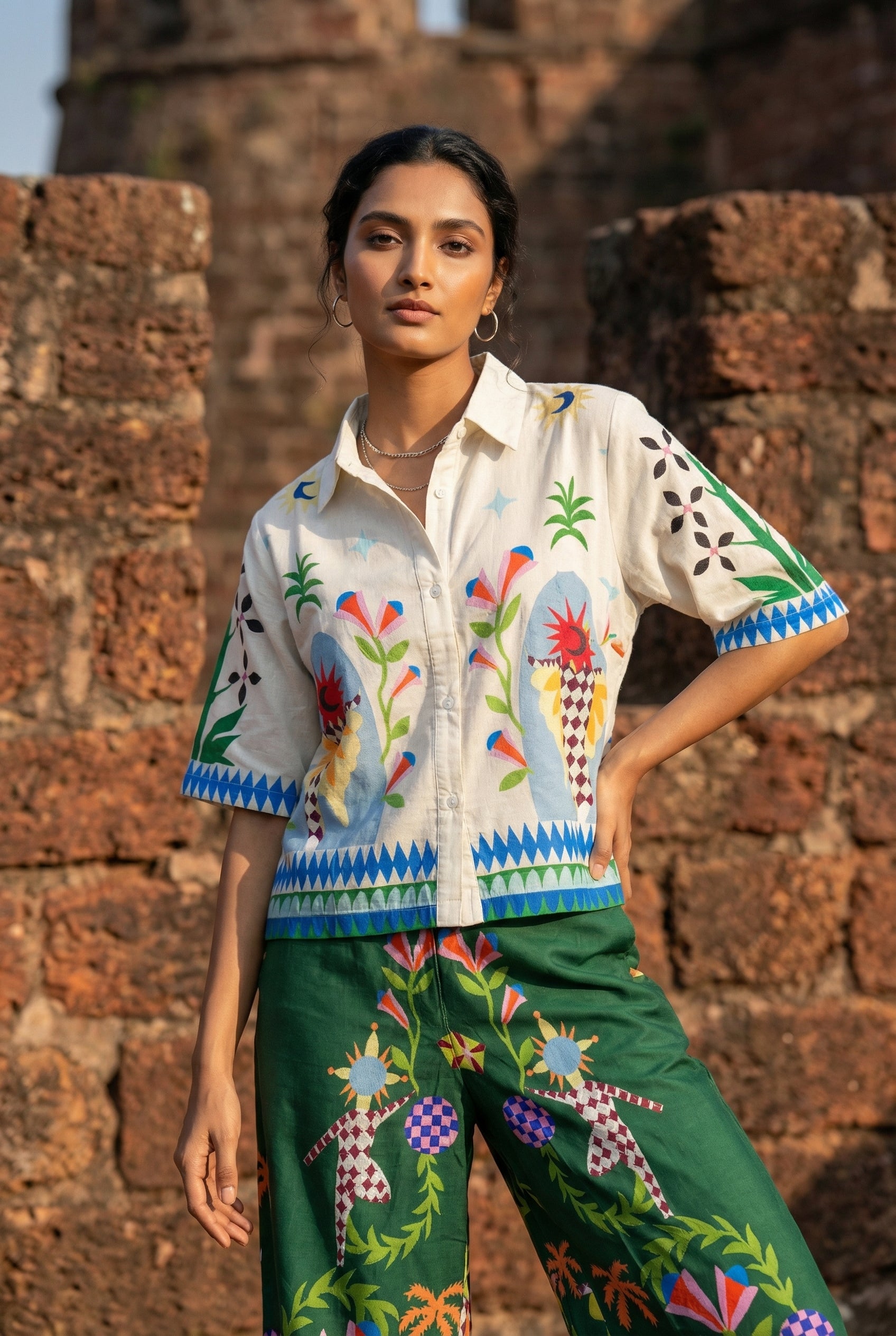 White Printed Shirt Collar Co-Ord Set For Women