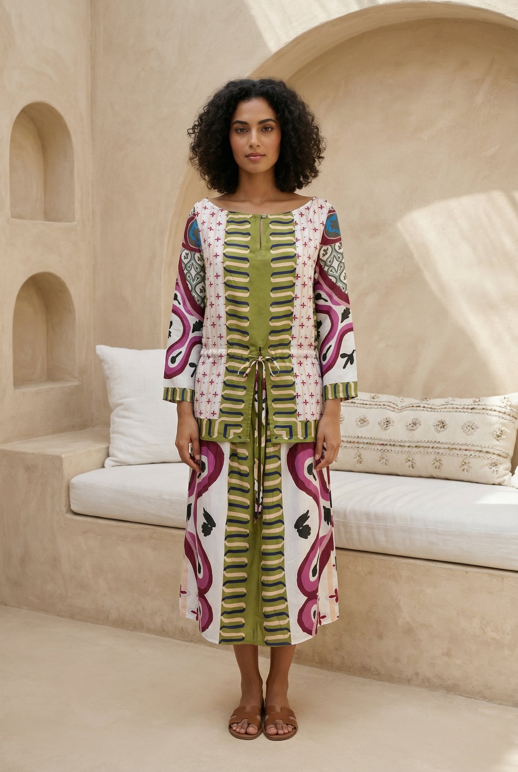 Multi Color Printed Boat Neck Co-Ord Set For Women