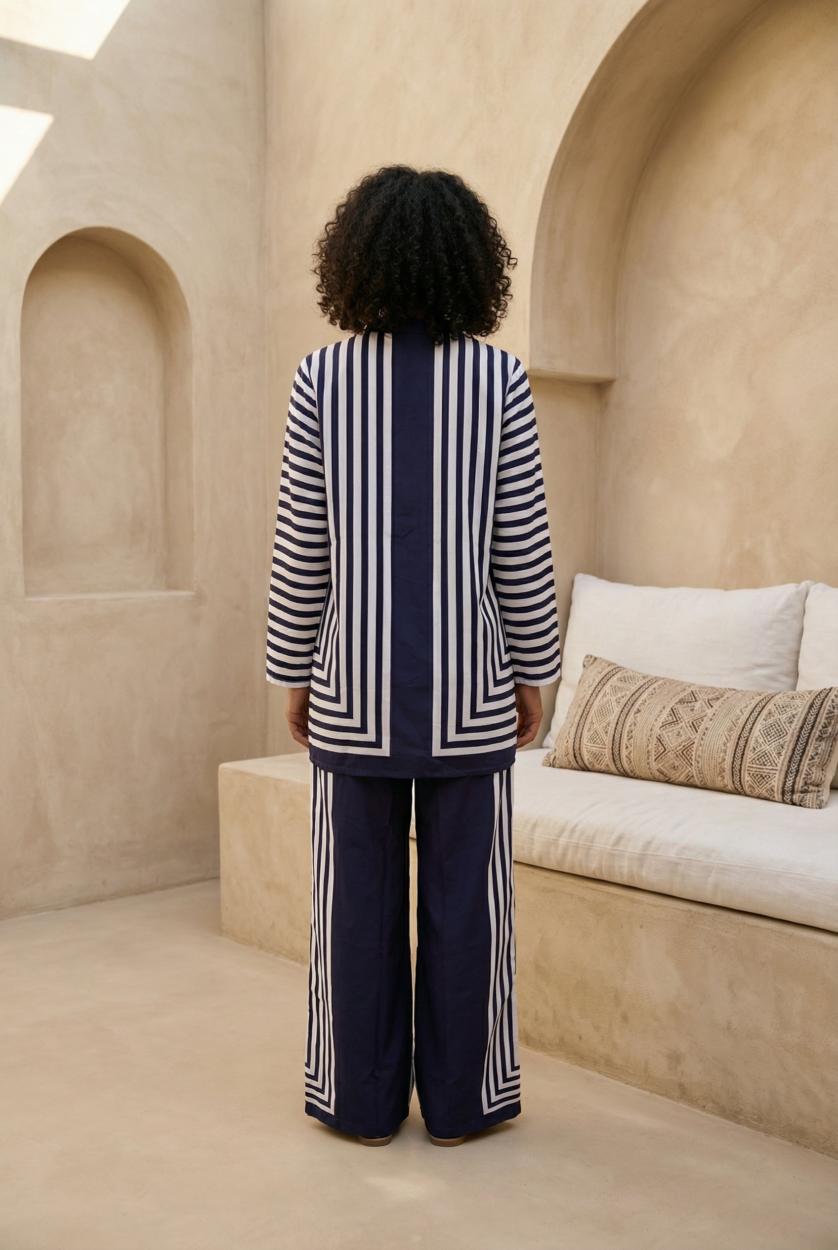 Navy Blue Striped Print Mandarin Collar Co-Ord Set For Women