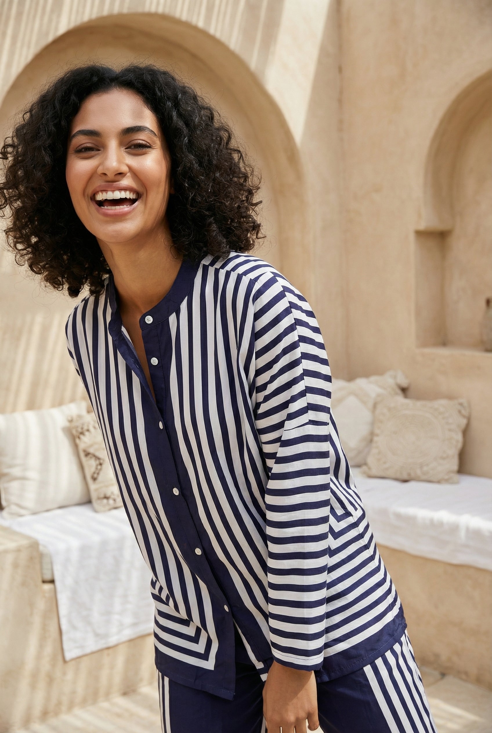 Navy Blue Striped Print Mandarin Collar Co-Ord Set For Women