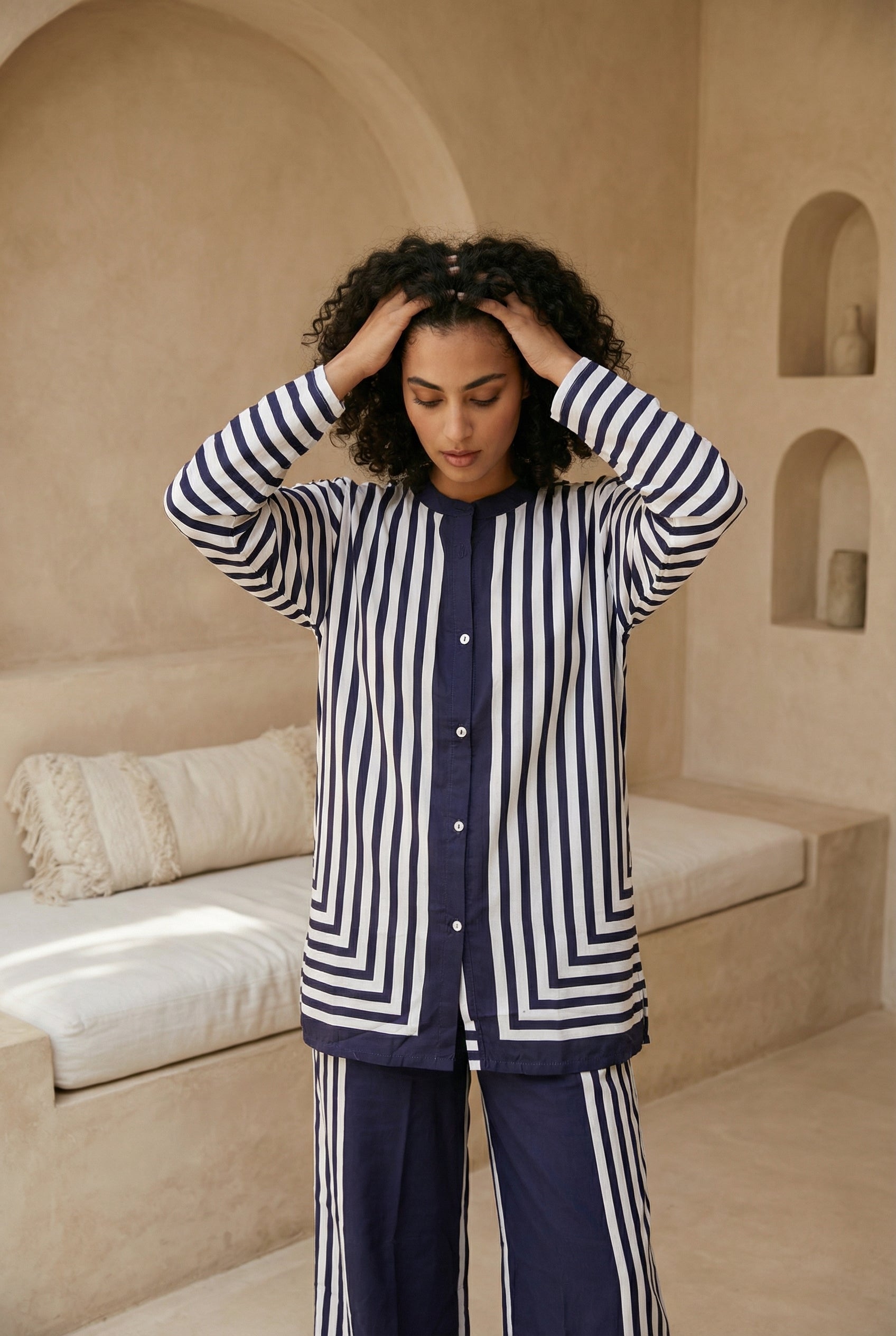 Navy Blue Striped Print Mandarin Collar Co-Ord Set For Women