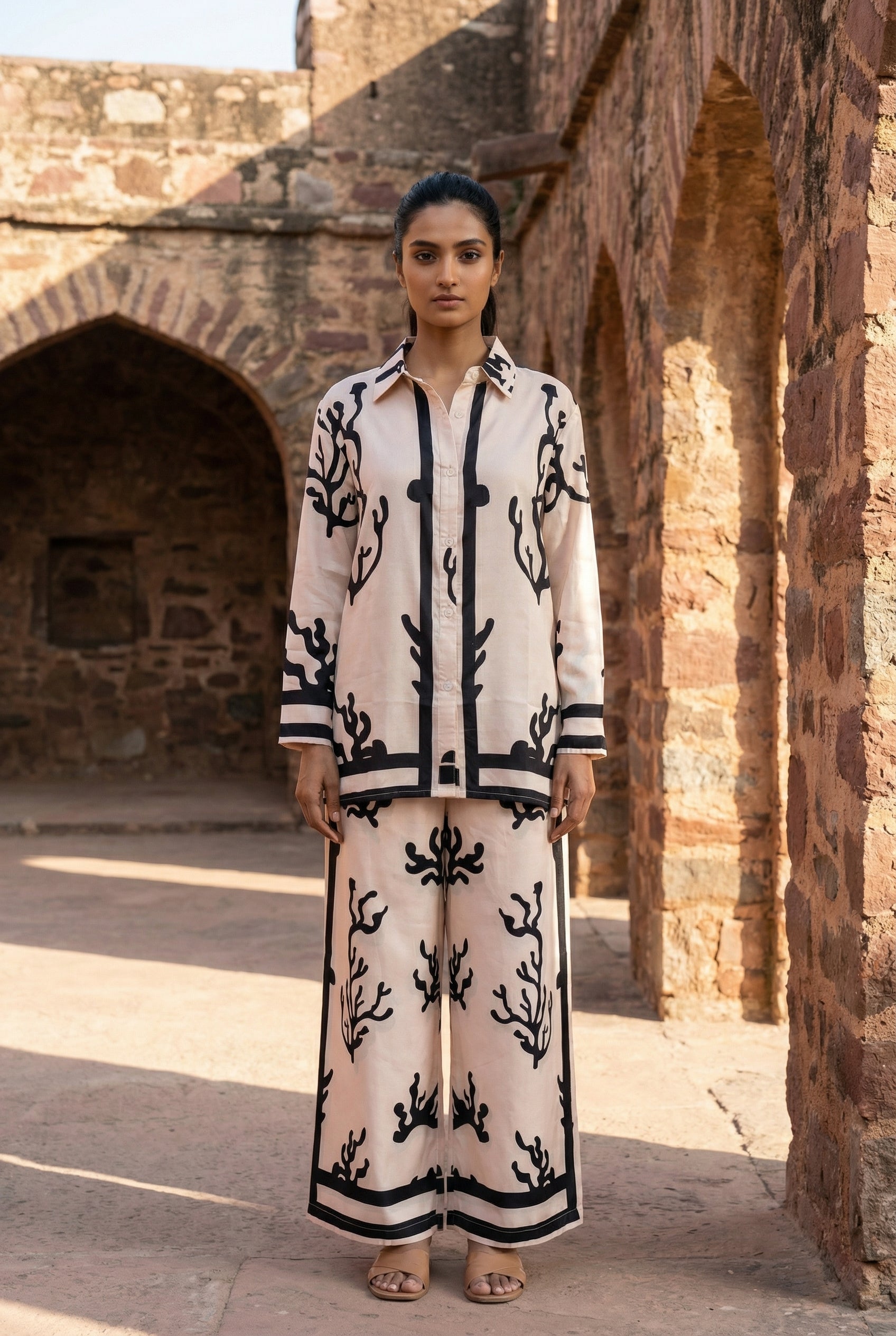 Beige Shirt Collar Printed Co-Ord Set For Women