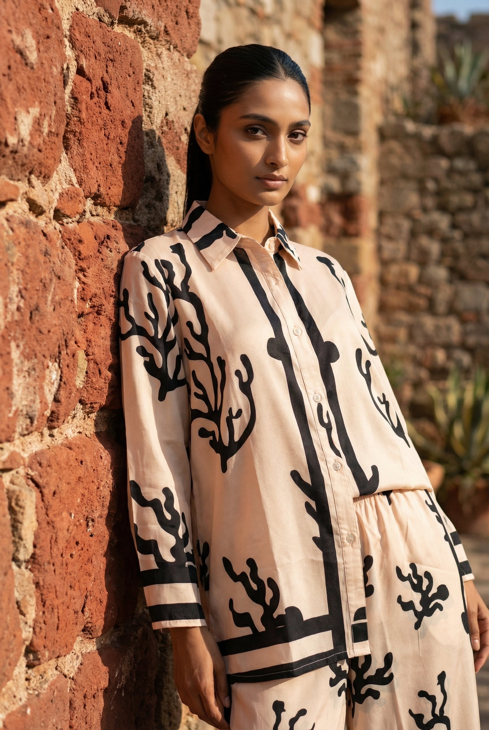 Beige Shirt Collar Printed Co-Ord Set For Women