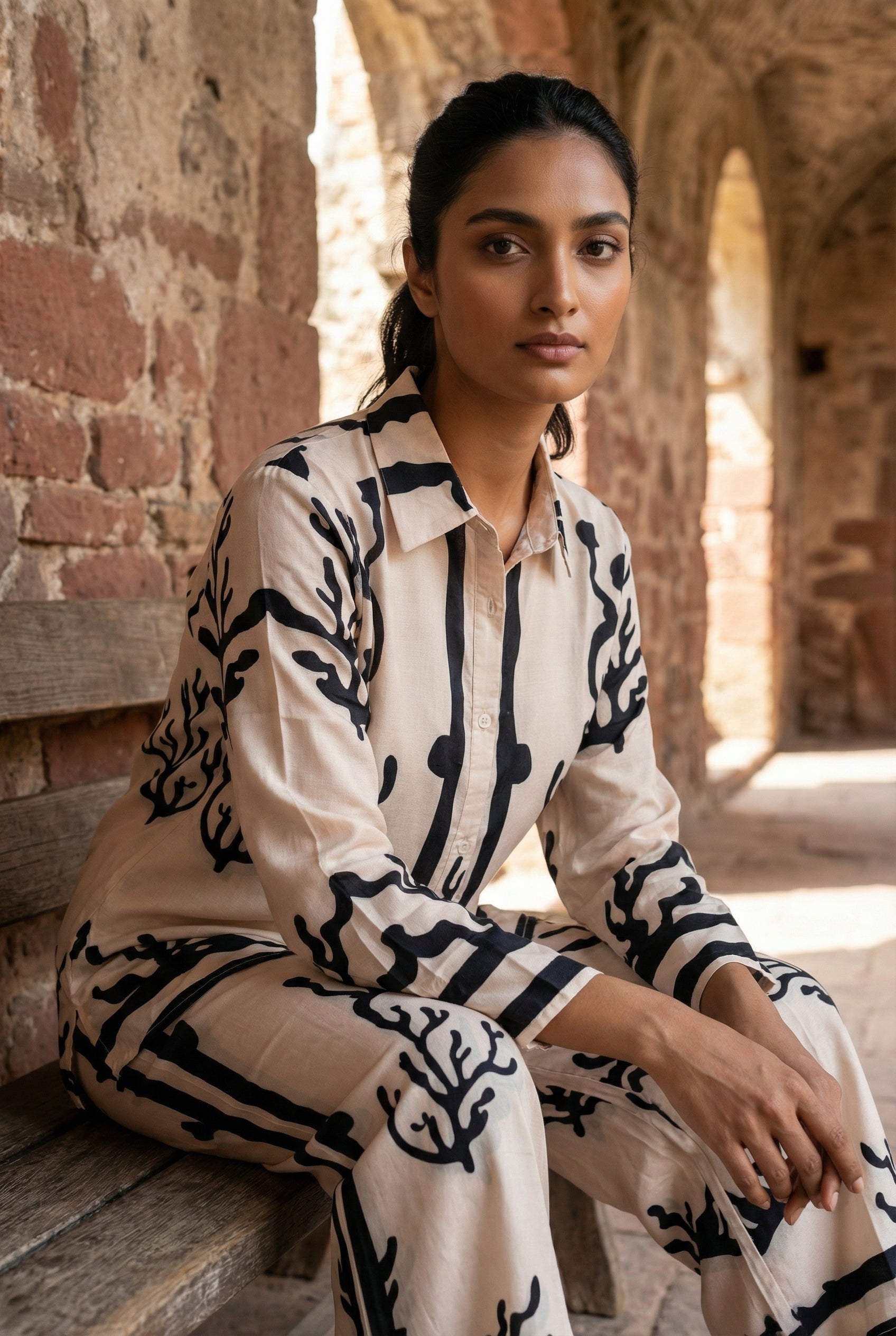 Beige Shirt Collar Printed Co-Ord Set For Women