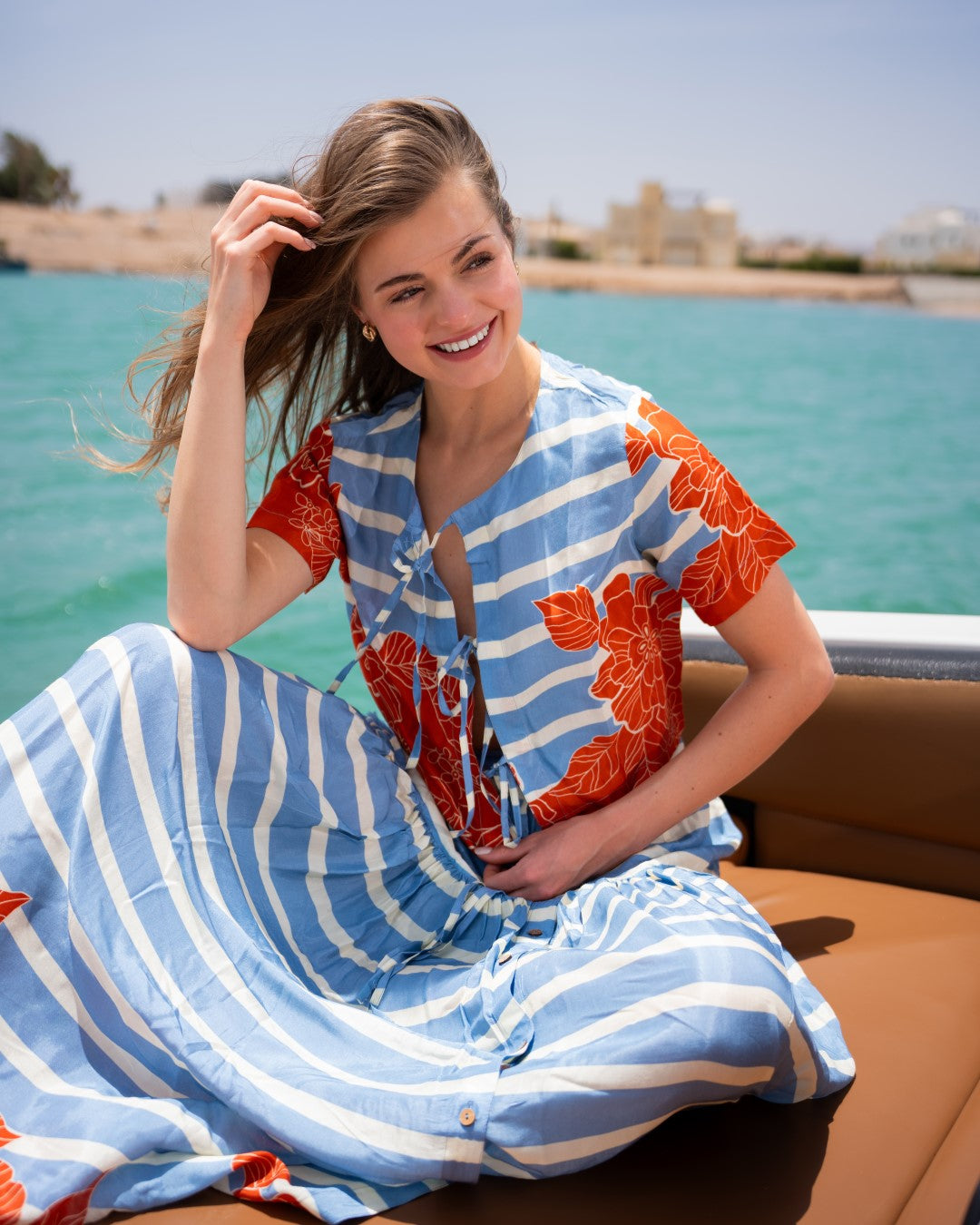Blue Round Neck Stripes Print Flared Co-Ord Set For Women
