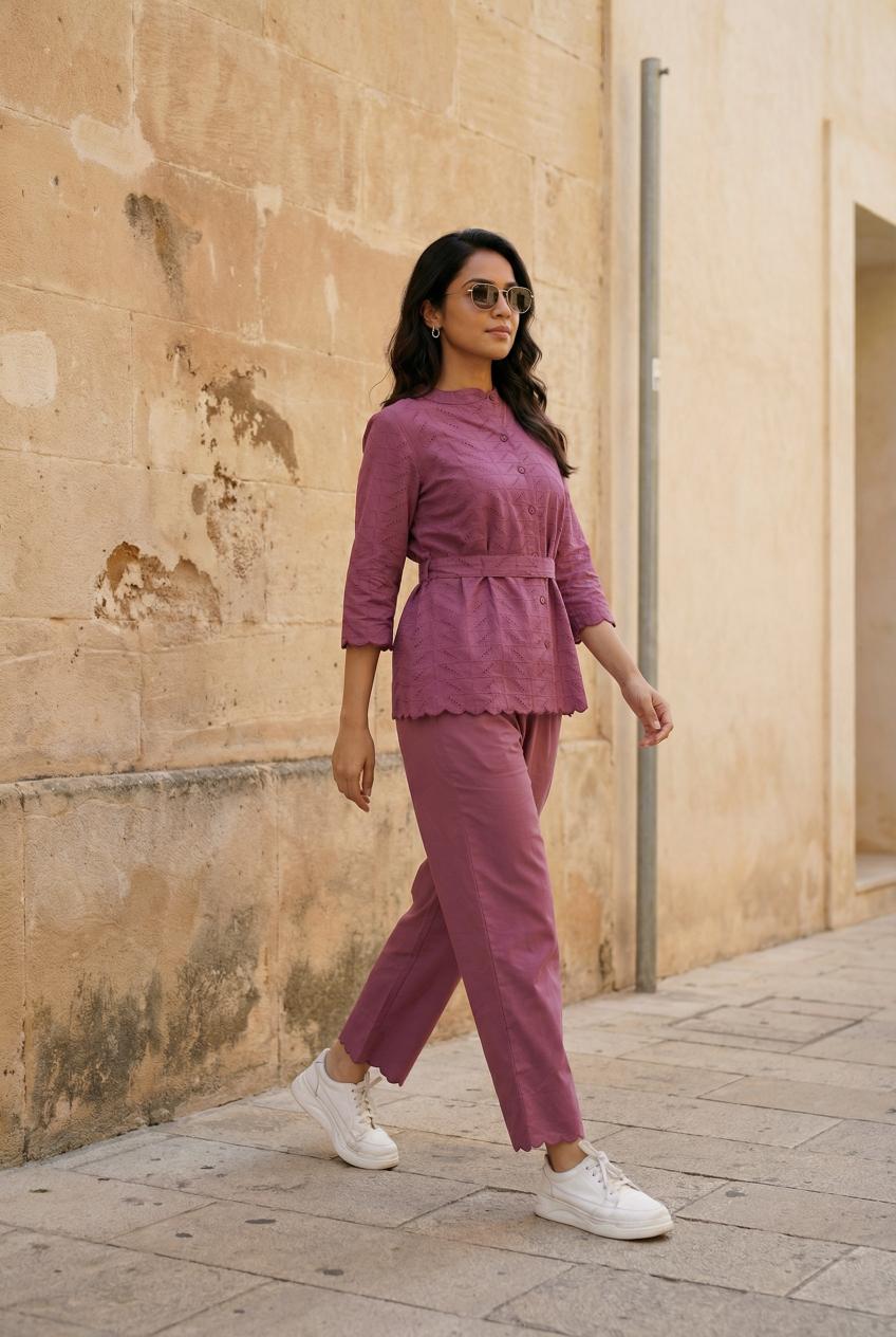Purple Self Design Round Neck Pure Cotton Top & Trousers Co-Ord Set