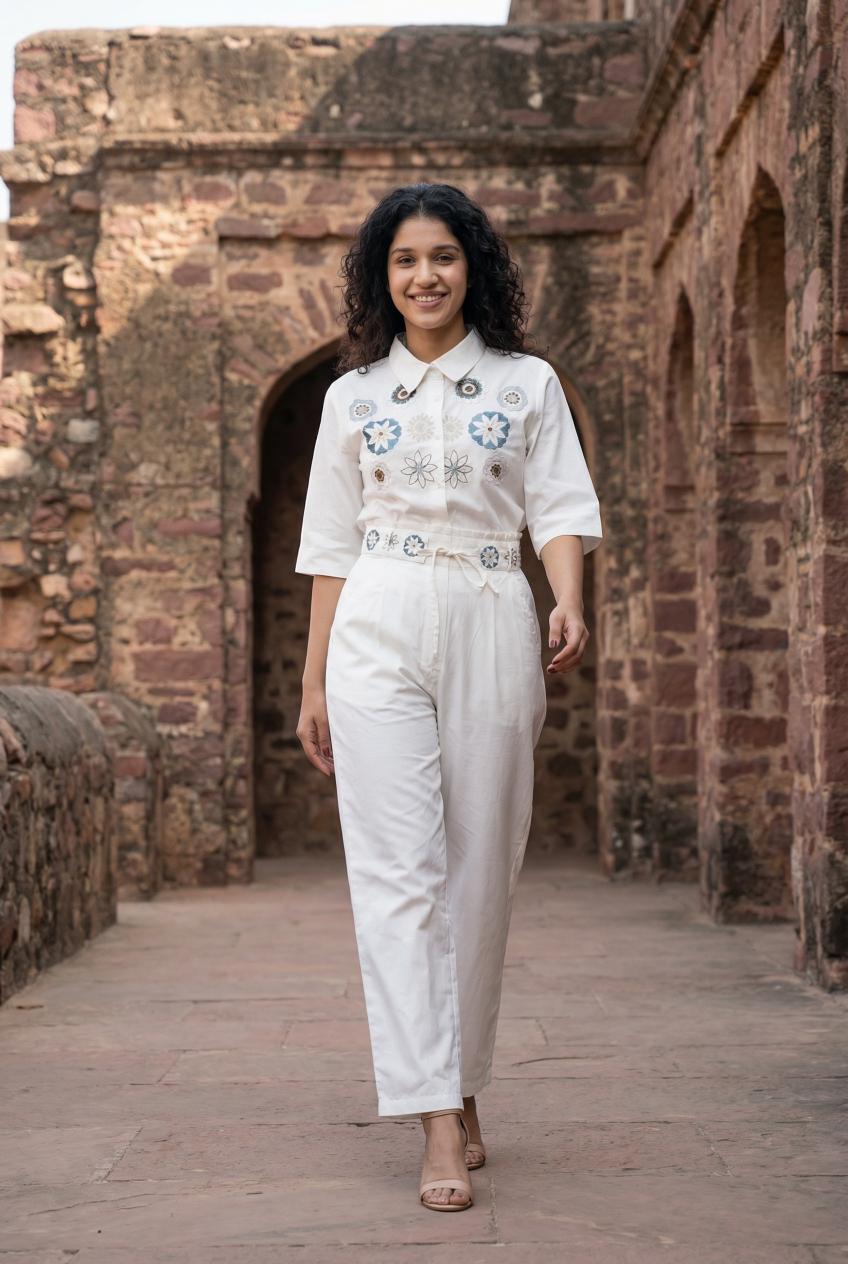White Floral Embroidered Pure Cotton Shirt With Trousers Co-Ord Set For Women