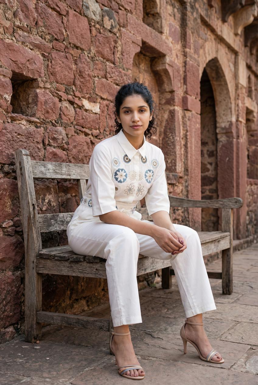 White Floral Embroidered Pure Cotton Shirt With Trousers Co-Ord Set For Women