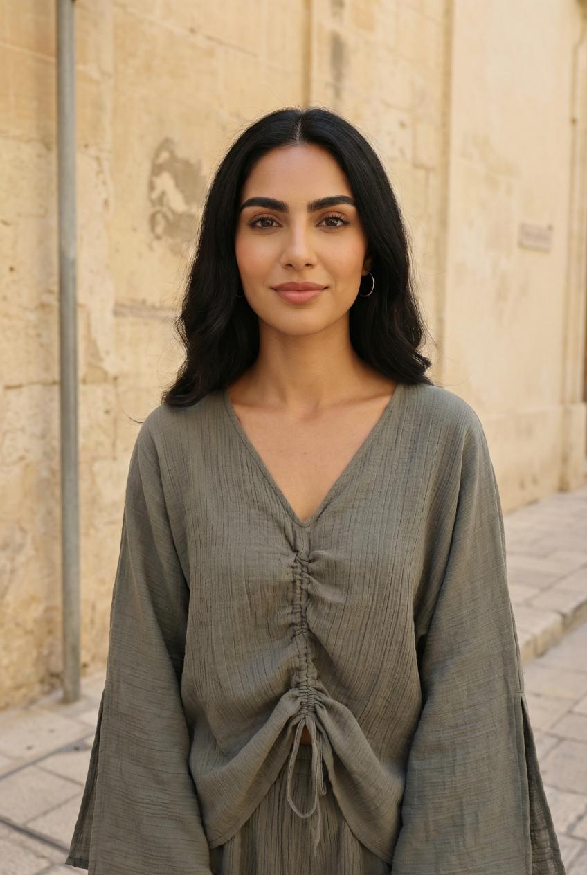 Grey V-Neck Solid Print Cotton Co-Ord Set For Women