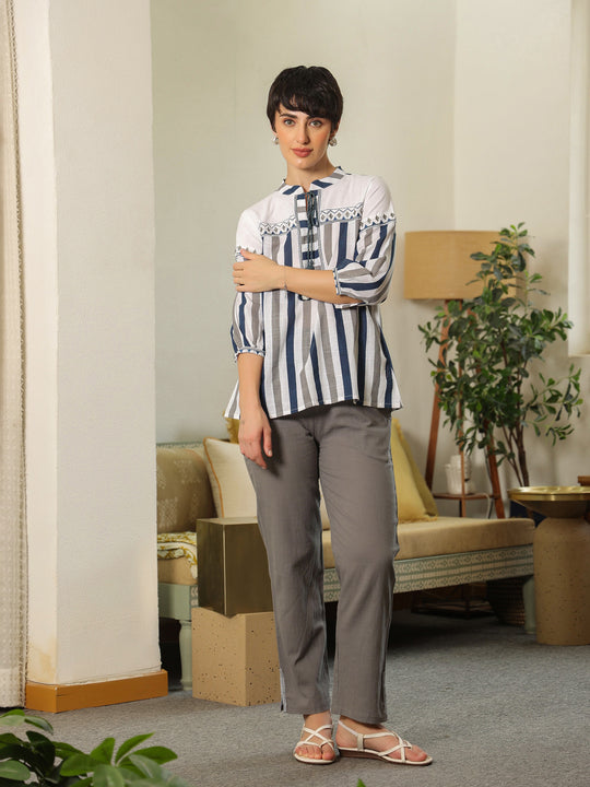 White Mandarin Collar Pure Cotton Top Embroidered Co-ords Set for Women