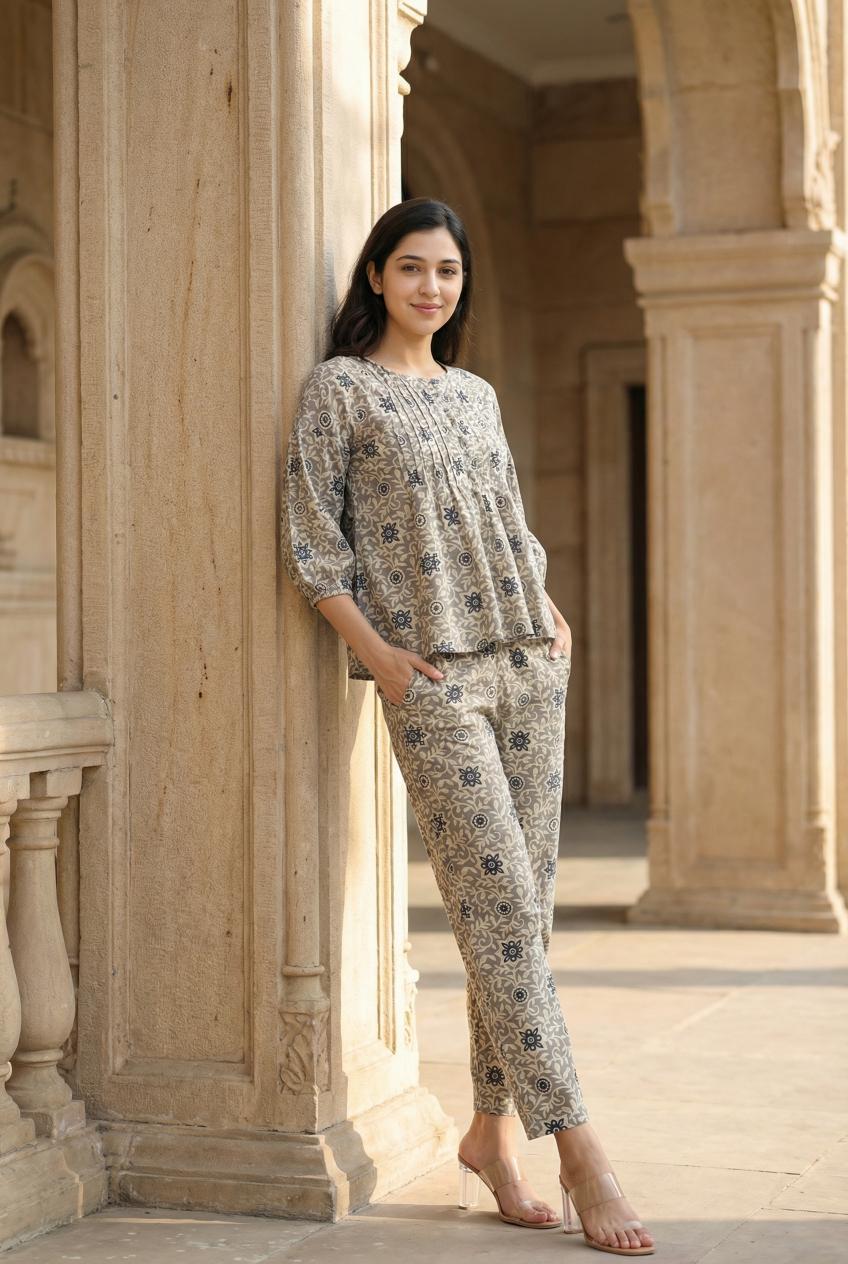 Yellow Floral Print Round Neck Top & Trousers Co-Ord Set For Women