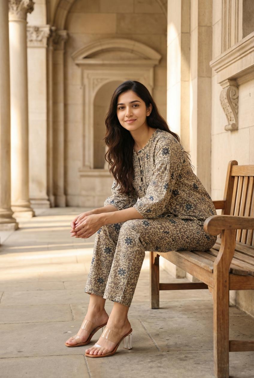 Yellow Floral Print Round Neck Top & Trousers Co-Ord Set For Women