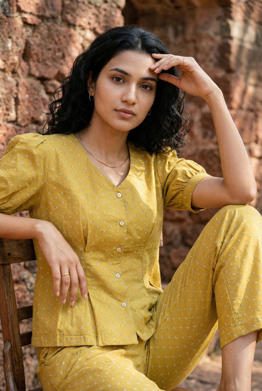 Yellow Printed Mandarin Collar Pure Cotton Co-Ords Set For Women