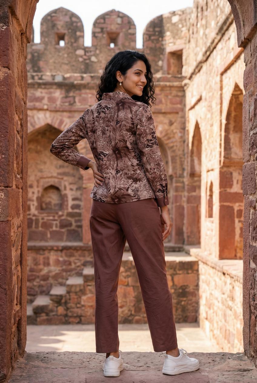 Mauve Floral Print Shirt Collar Co-Ords Set For Women