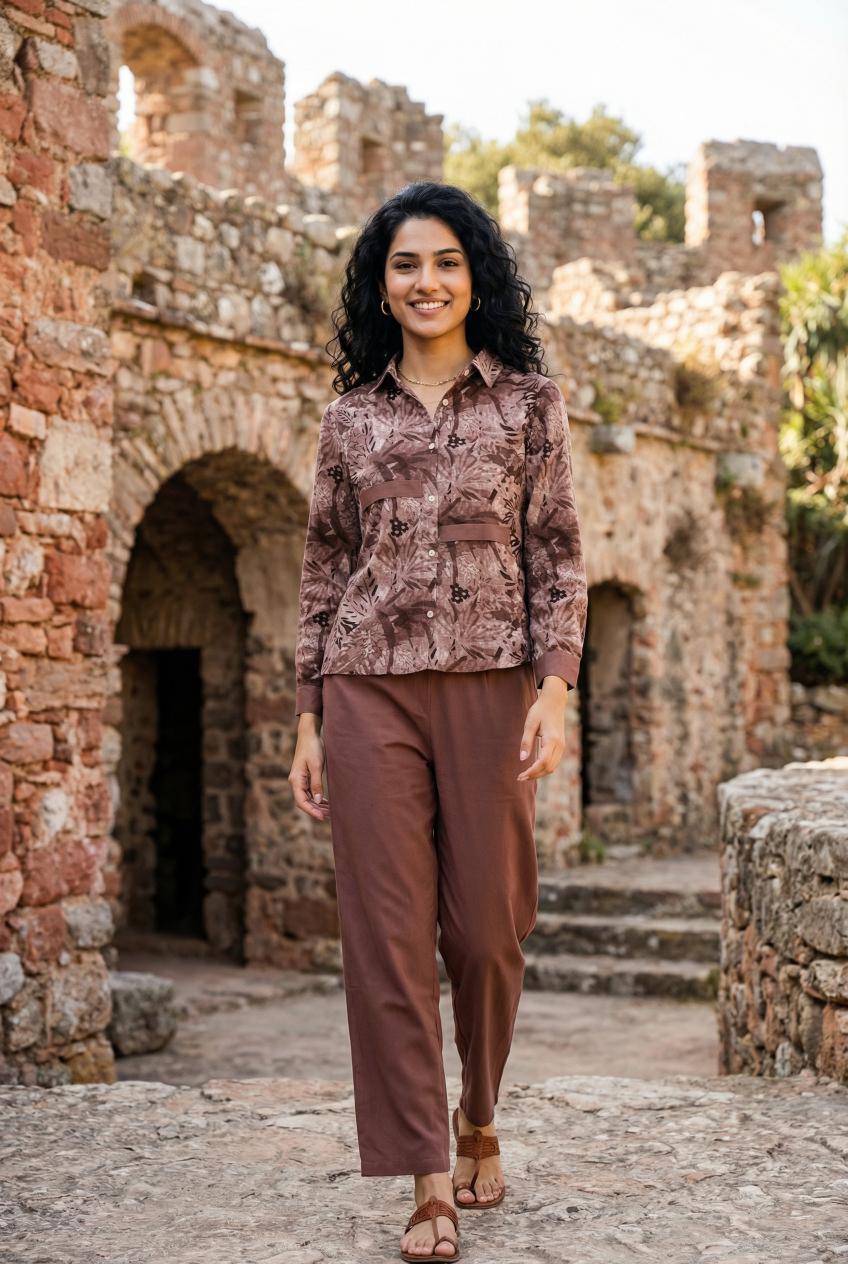 Mauve Floral Print Shirt Collar Co-Ords Set For Women