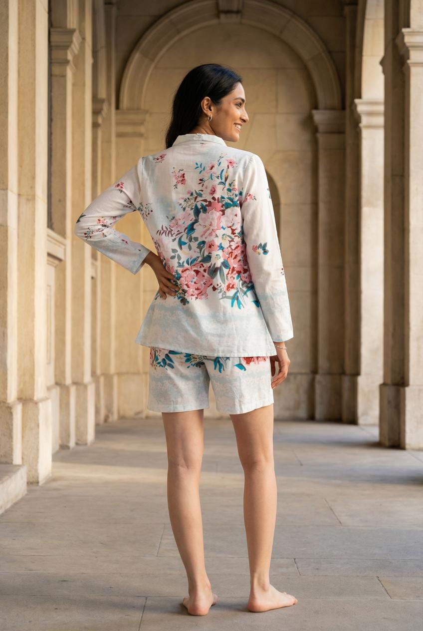 White Floral Print Shirt Collar Three-Piece Co-Ords Set For Women