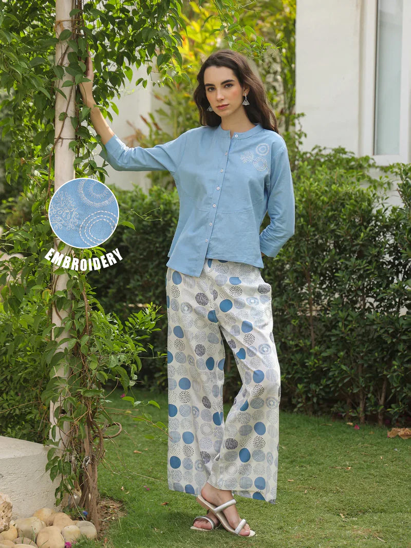 Blue Mandarin Collar Pure Cotton Shirt Dyed Co-Ords Set For Women