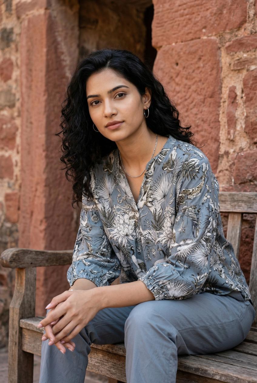 Grey Animal Print Shirt Collar Cotton Co-Ords Set For Women