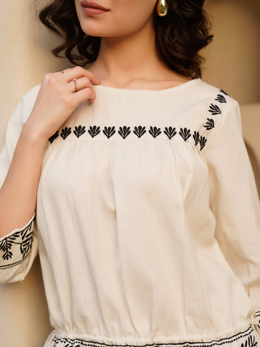Off White Pure Cotton Embroidered Boat Neck Co-ords Set for Women
