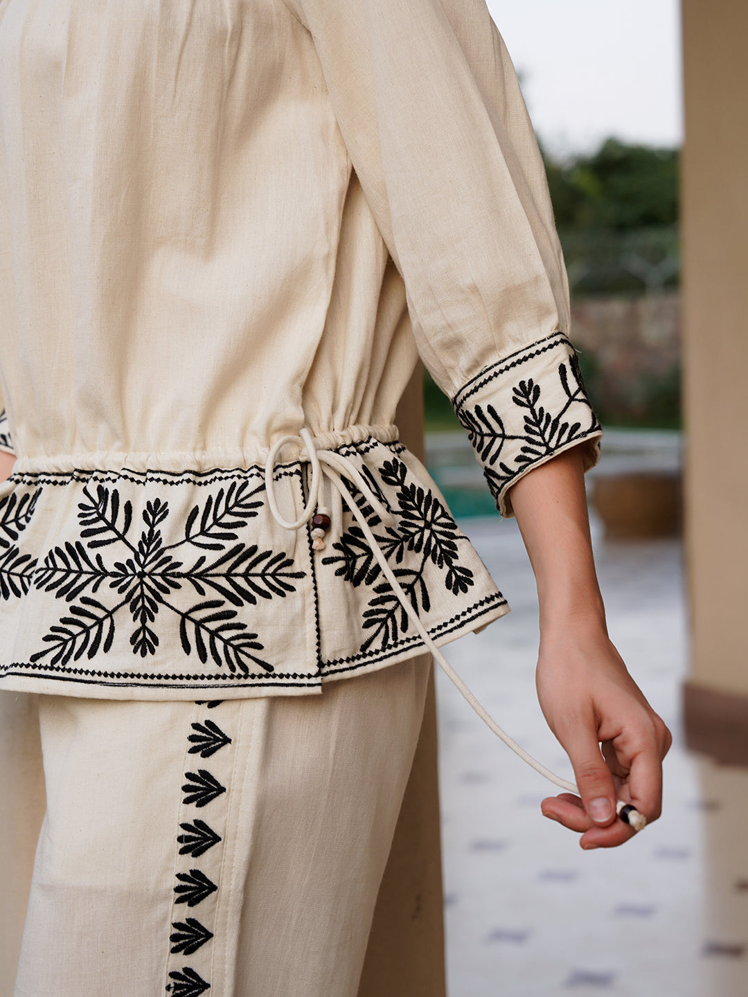 Off White Pure Cotton Embroidered Boat Neck Co-ords Set for Women