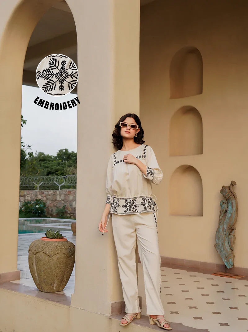 Off White Pure Cotton Embroidered Boat Neck Co-Ords Set For Women