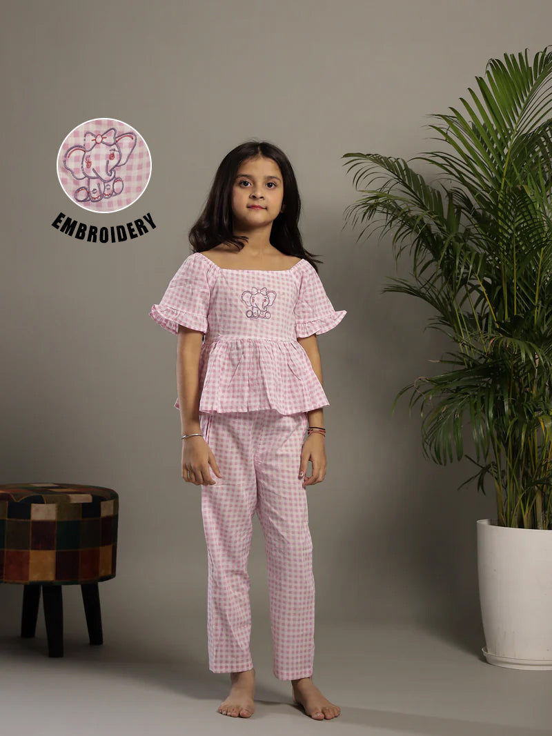 Pink Check Printed Round Neck Cotton Co-Ords Set