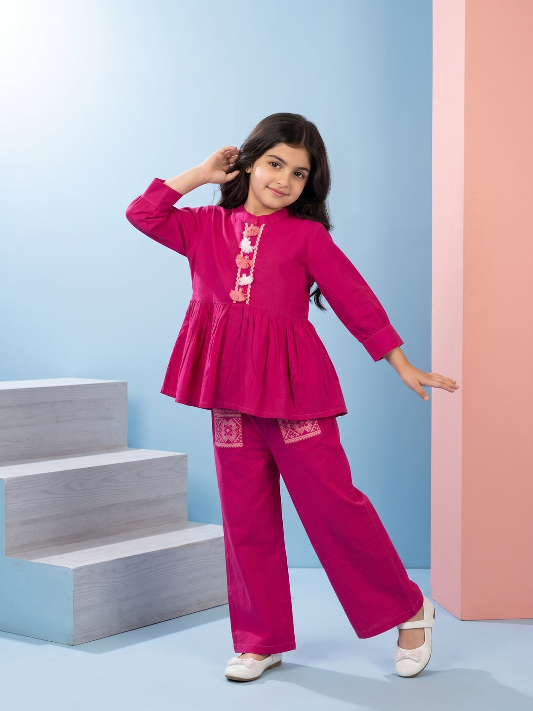 Pink Mandarin Neck Solid Pure Cotton Kids Co-Ord Set With Tassel