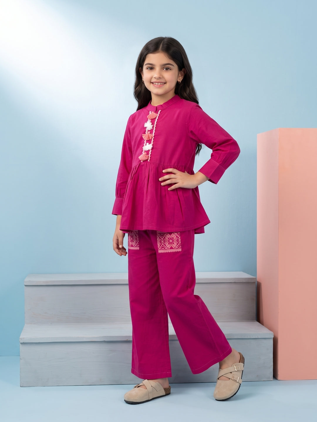 Pink Mandarin Neck Solid Pure Cotton Kids Co-Ord Set With Tassel