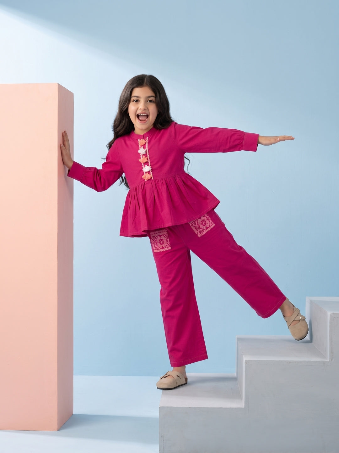 Pink Mandarin Neck Solid Pure Cotton Kids Co-Ord Set With Tassel
