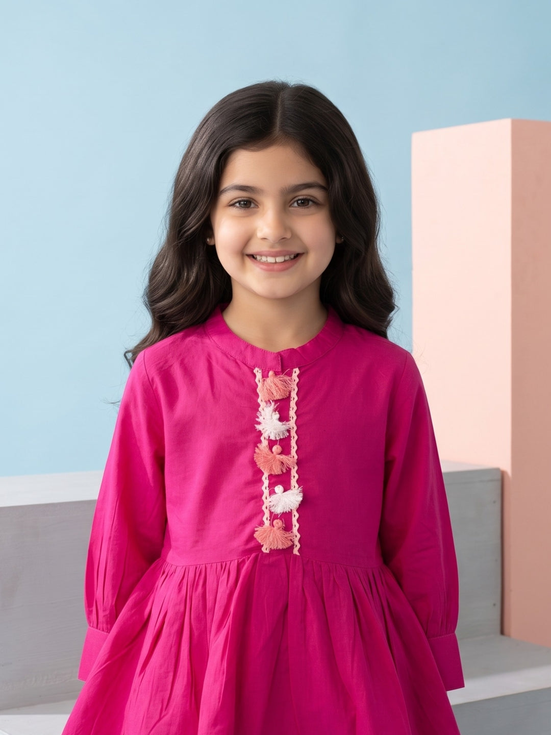Pink Mandarin Neck Solid Pure Cotton Kids Co-Ord Set With Tassel