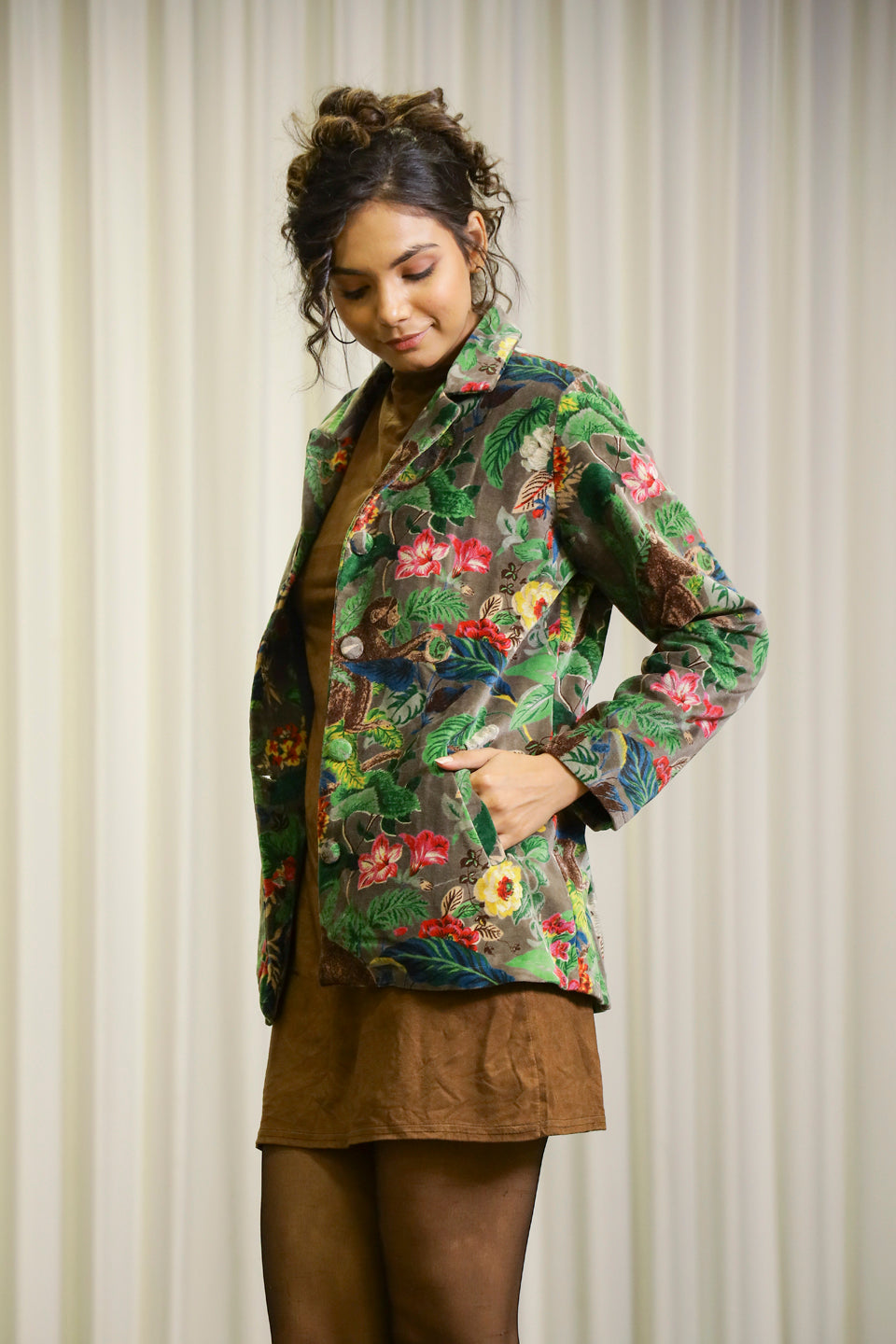 Grey Floral Print Lapel Collar Jacket For Women