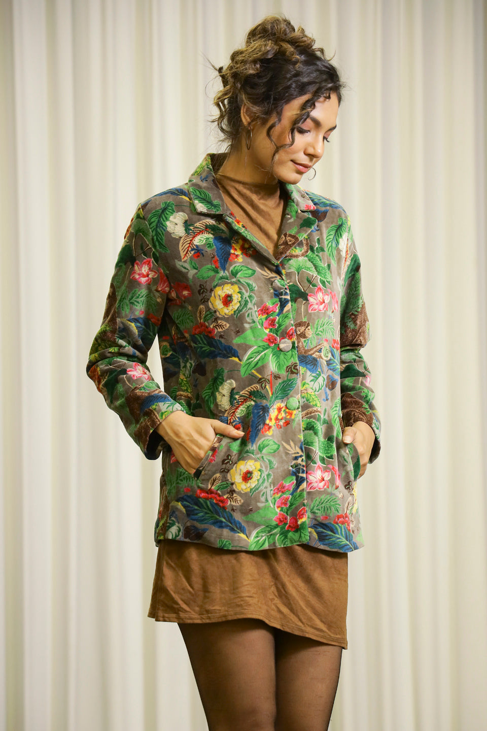 Grey Floral Print Lapel Collar Jacket For Women