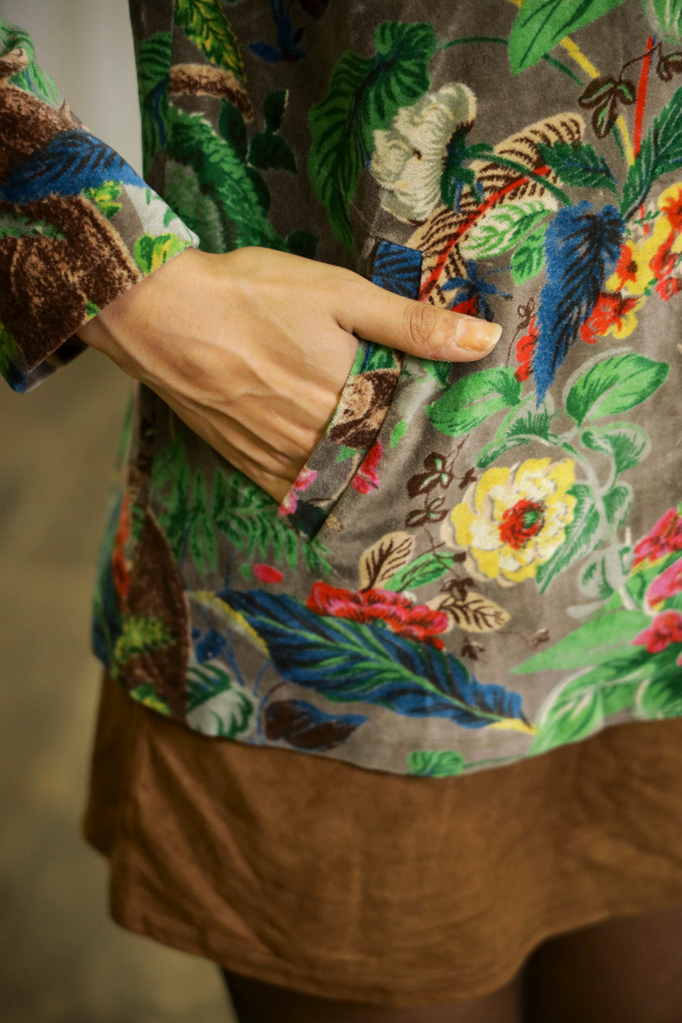 Grey Floral Print Lapel Collar Jacket For Women