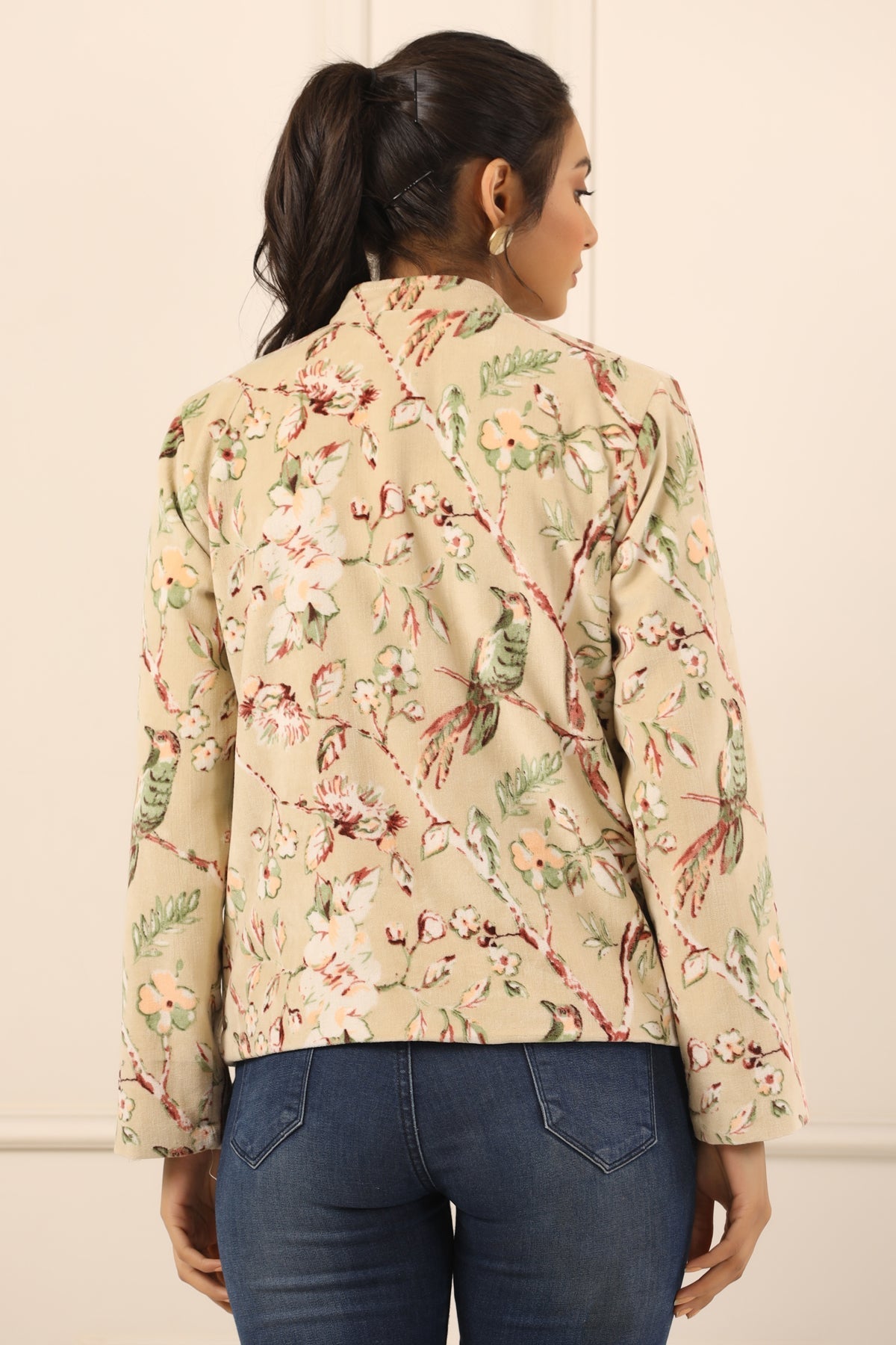 Beige & Off White Floral Printed Mandarin Collar Velvet Open Front Jacket For Women
