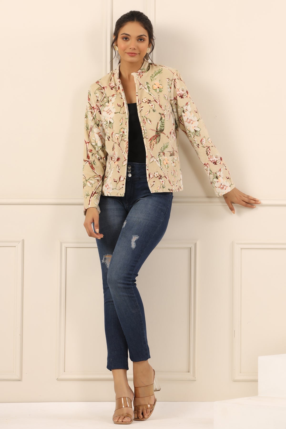 Beige & Off White Floral Printed Mandarin Collar Velvet Open Front Jacket For Women